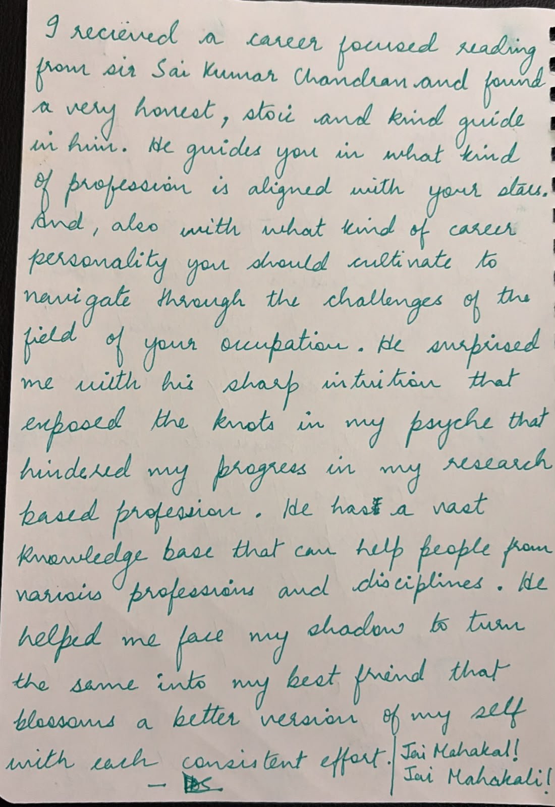 Original handwritten testimonial by A Seeker