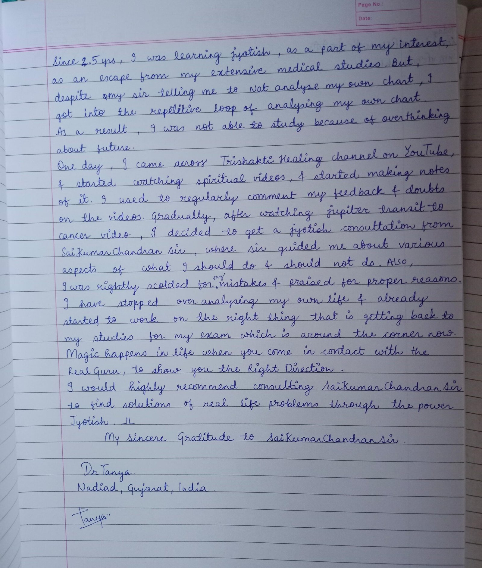 Original handwritten testimonial by Dr Tanya