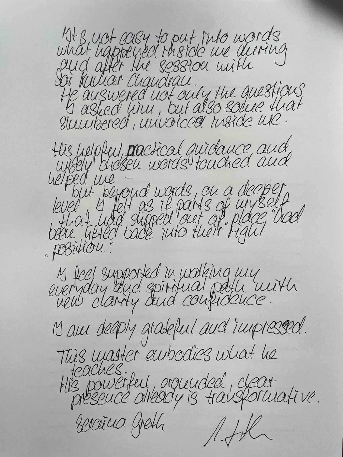Original handwritten testimonial by Sorina Greth